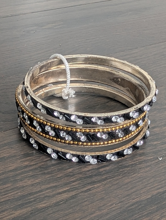 Jewelry - Women's Pakistani Indian Metal Bangles Set, Black/Silver/Gold